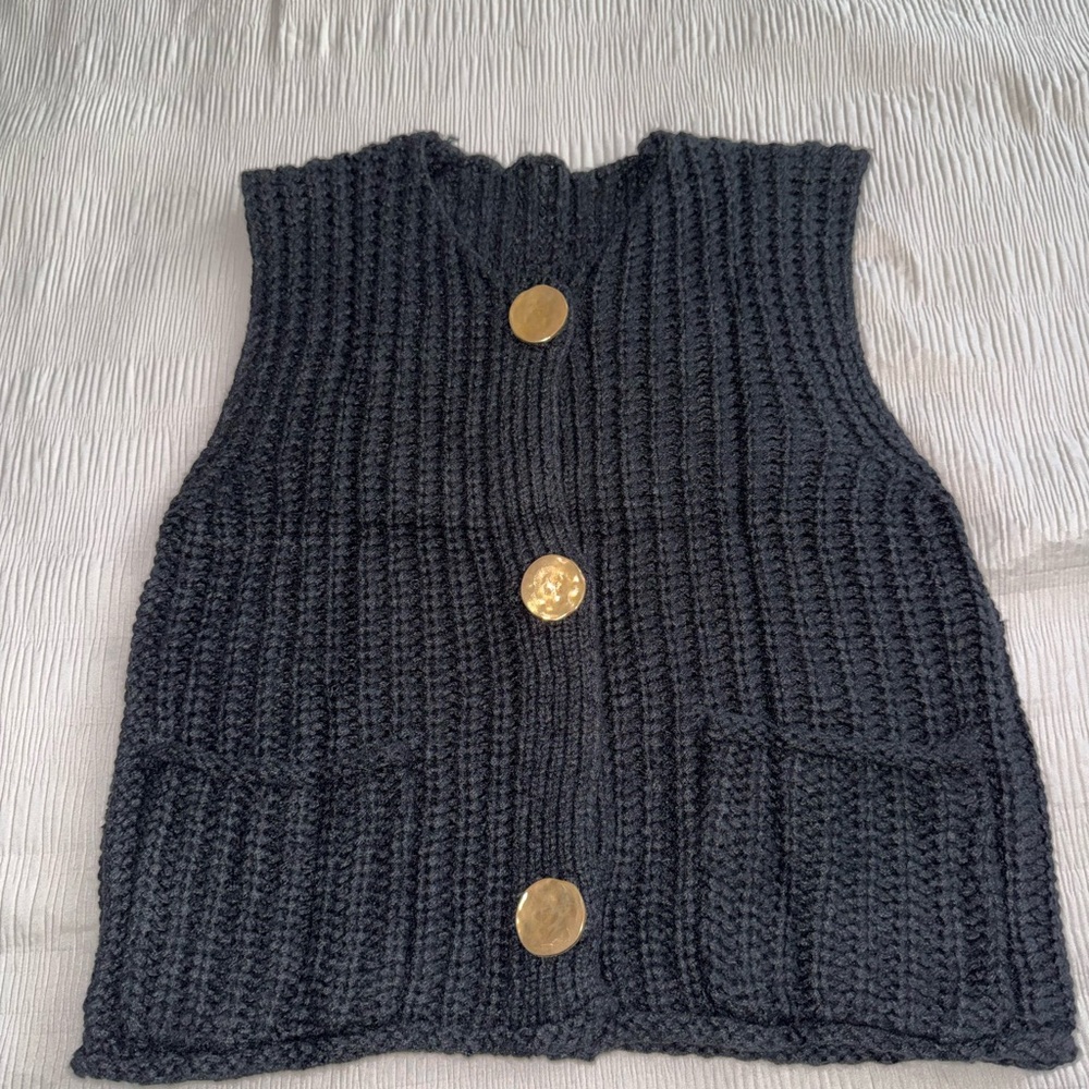 NEW! No tags. Black Knit Vest with Gold Buttons
